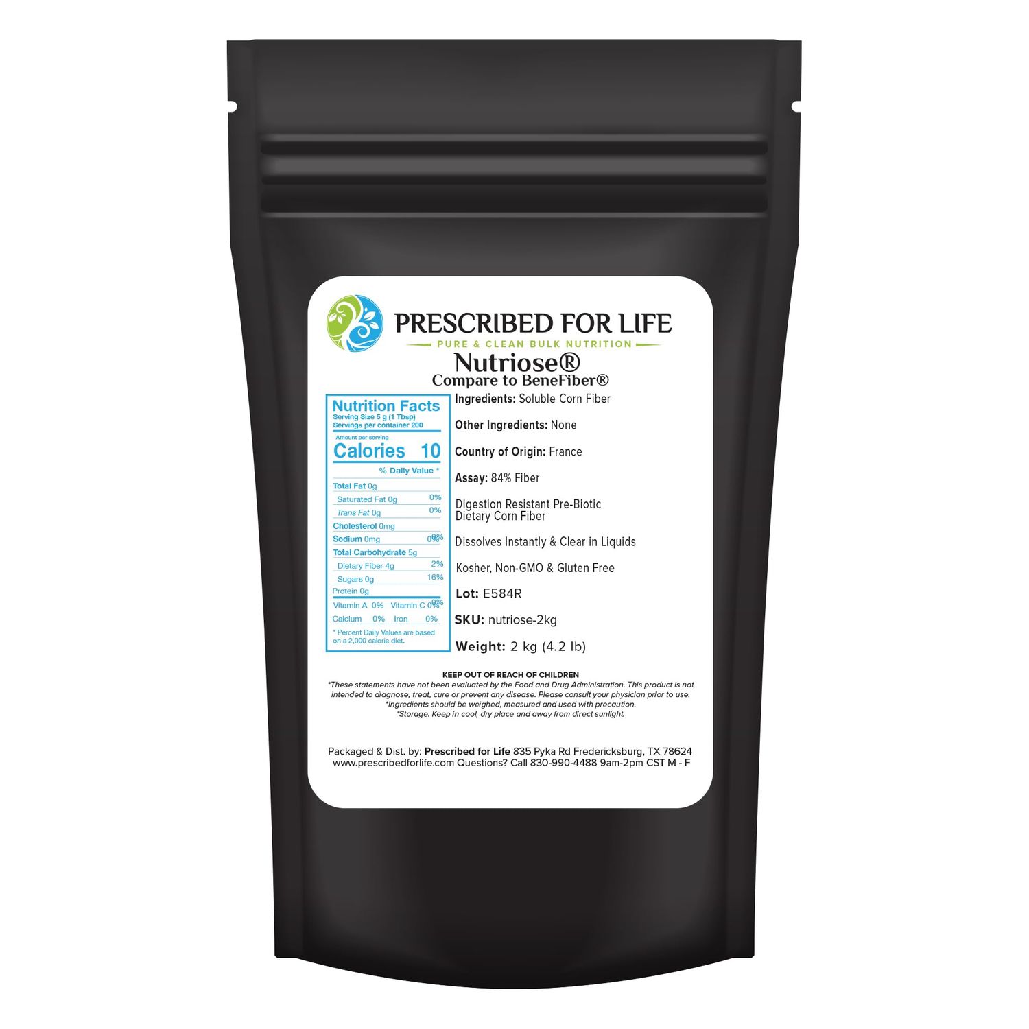 Prescribed For Life Nutriose Powder, Natural Fiber Supplement, Prebiotic Soluble Corn Fiber for Adults, Gluten Free, Vegan, Non GMO 2kg 4.4lb