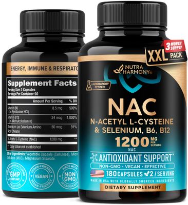NAC Supplement Selenium B6 B12 - Antioxidant, Immune Support - N Acetyl Cysteine 600 mg per Capsule, 1200 mg per Serving - Made in USA - Non-GMO, Gluten-Free, Vegan - 180 Caps, 3 Month Supply