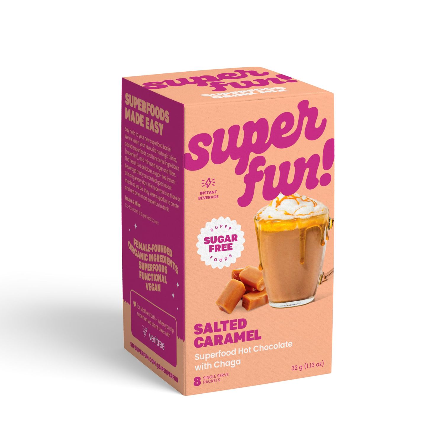 Superfun! Salted Caramel Instant Hot Chocolate Powder, with Chaga Mushrooms. Sugar-free Superfoods, 8 Single Serve Stick Packs