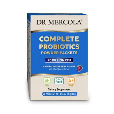 Dr. Mercola Complete Probiotics Powder Packets, 30 Servings 30 Packets, 70 Billion CFU, Natural Raspberry Flavor, Dietary Supplement, Digestive Immune Support, Non-GMO