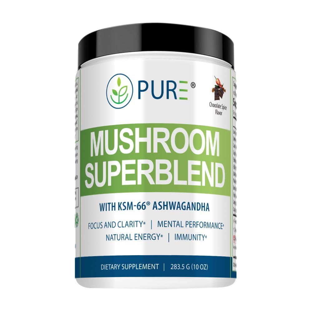 PURE Mushroom Super Blend Coffee Replacement 30 Servings, 9.45 Grams per Scoop in Chocolate Spice Flavor! Consists of 7 adaptogenic Mushrooms Other high Impact Ingredients! Caffeine Free!