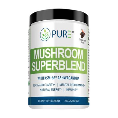 PURE Mushroom Super Blend Coffee Replacement 30 Servings, 9.45 Grams per Scoop in Chocolate Spice Flavor! Consists of 7 adaptogenic Mushrooms Other high Impact Ingredients! Caffeine Free!