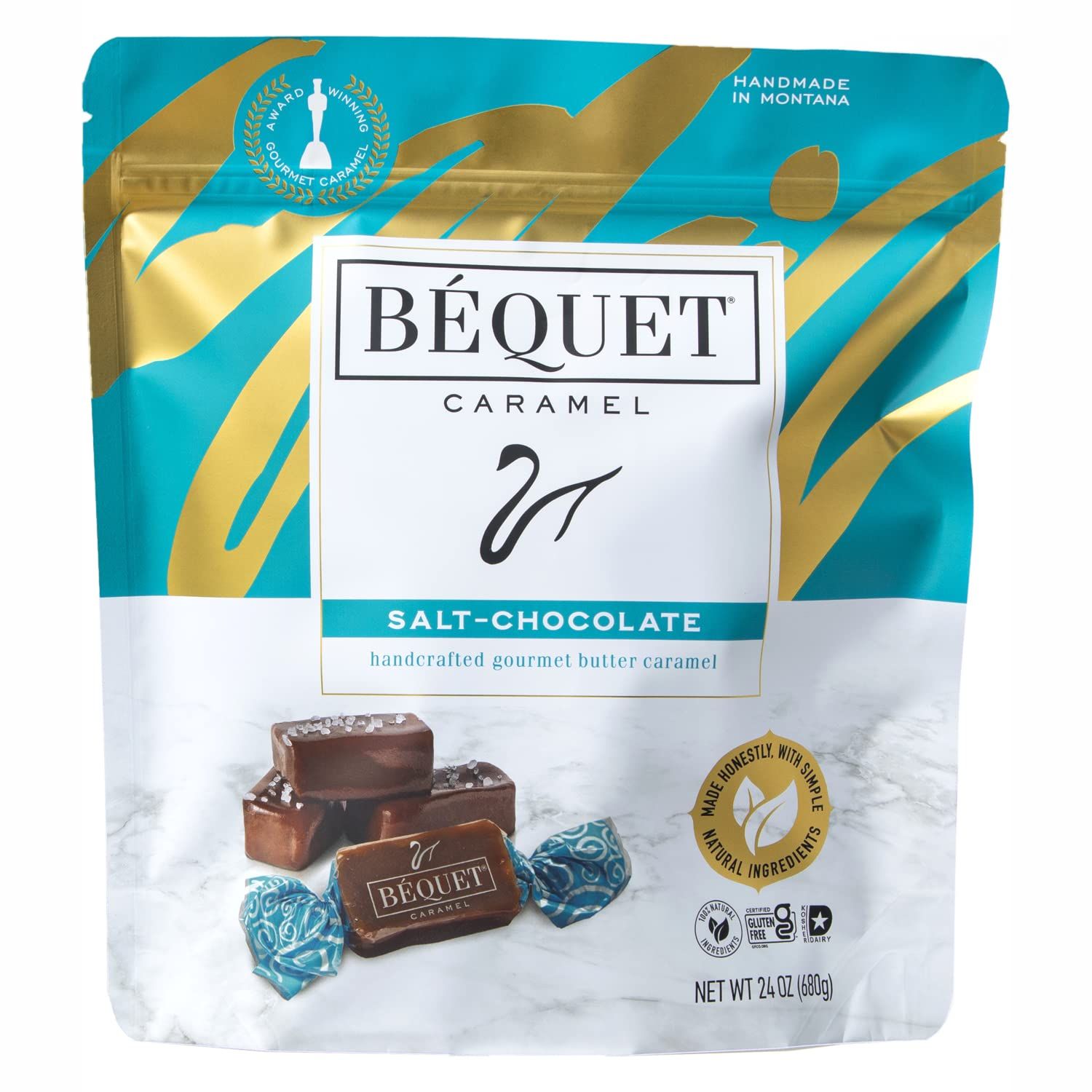 B quet Caramel - Salt Chocolate Caramel - Caramel Candy Individually Wrapped - Gourmet Caramel Candy - Made in Montana - Kosher Star-D and Gluten Free - 24oz Resealable Pouch