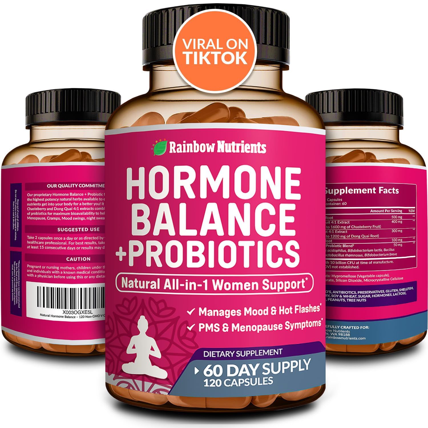 Hormone Balance Probiotics for Women- Natural Menopause Relief, Weight Management, Bloating, Hot Flashes, PMS Organic Maca, Chasteberry, Dong Quai Black Cohosh Non GMO 120 V Capsules