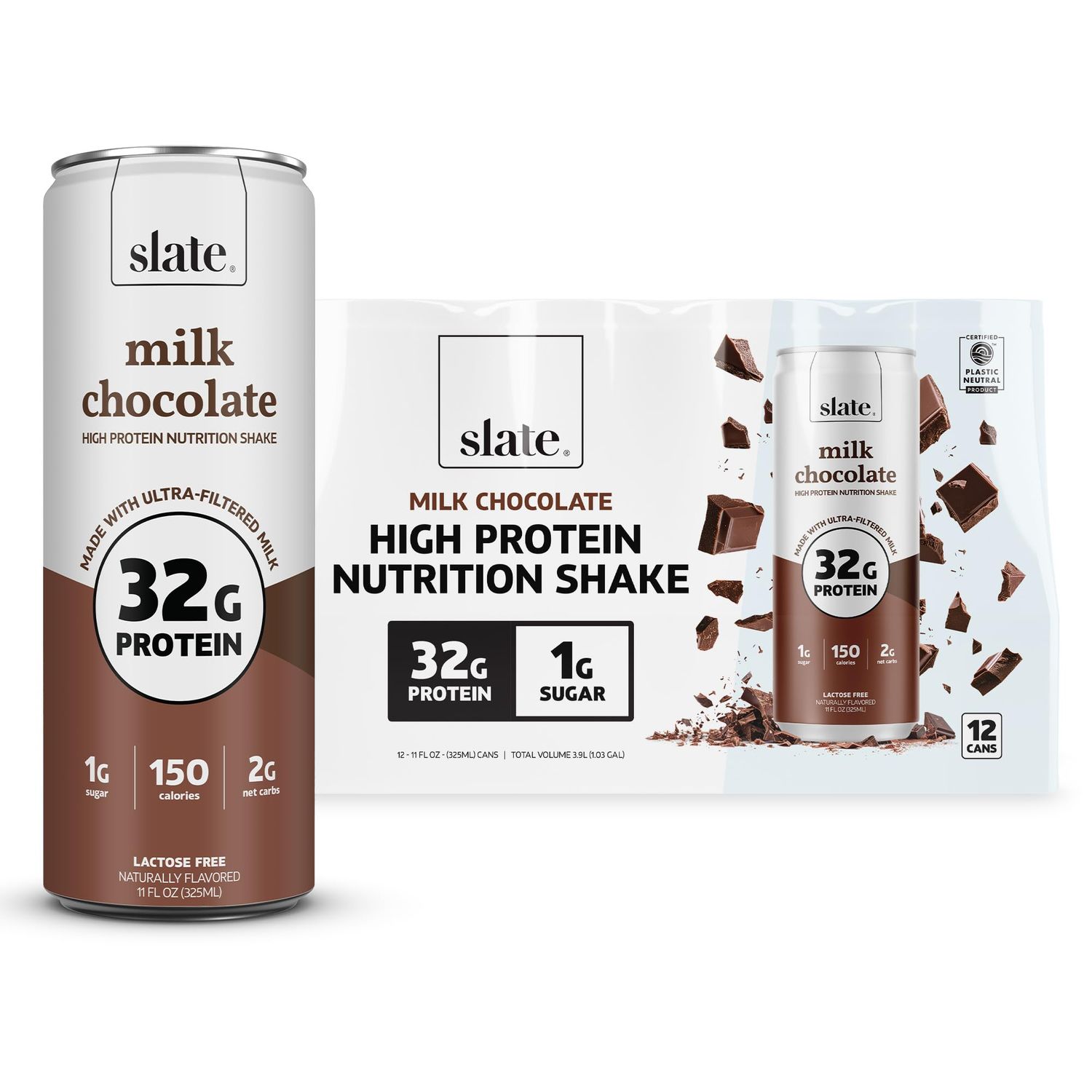 Slate Milk - High Protein Nutrition Shake - Milk Chocolate - 32g Protein, 1g Sugar, 150 Calories, 2g Net Carbs - Lactose Free - No Added Sugar - Breakfast Boost, Post Workout - 11 fl oz, 12 Cans