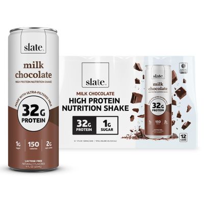 Slate Milk - High Protein Nutrition Shake - Milk Chocolate - 32g Protein, 1g Sugar, 150 Calories, 2g Net Carbs - Lactose Free - No Added Sugar - Breakfast Boost, Post Workout - 11 fl oz, 12 Cans