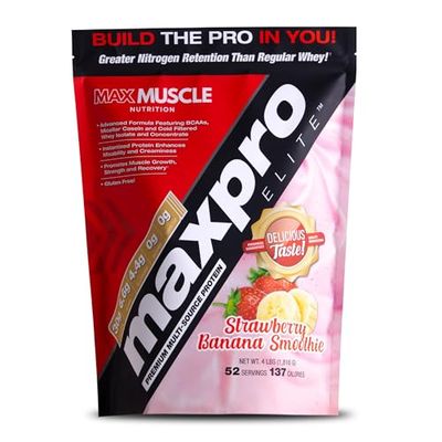 Max Muscle Maxpro Elite Whey Protein Powder  30g Protein  0g Sugar  6.6g BCAAs  Micellar Casein Cold Filtered Whey Isolate Protein  Promotes Muscle Growth &amp; Recovery (Strawberry Banana, 4lb)