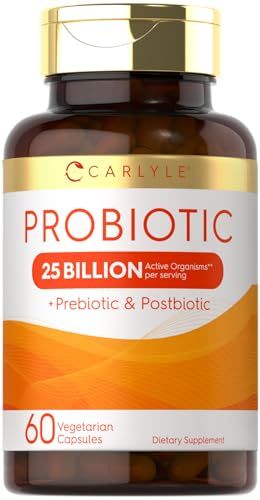 Carlyle Probiotic with Prebiotics Postbiotics 25 Billion CFU 60 Capsules Supplement for Women Men Powder Pills Vegetarian, Non-GMO Gluten Free