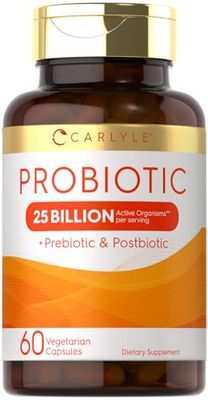 Carlyle Probiotic with Prebiotics Postbiotics 25 Billion CFU 60 Capsules Supplement for Women Men Powder Pills Vegetarian, Non-GMO Gluten Free