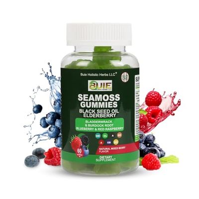BUIE Sea Moss Gummies with Bladderwrack and Burdock Root Wildcrafted Irish Sea Moss for Immune, Thyroid Support 100 Vegan Dietary Supplements Non-GMO, Gluten-Free, Dairy-Free 60 Gummies