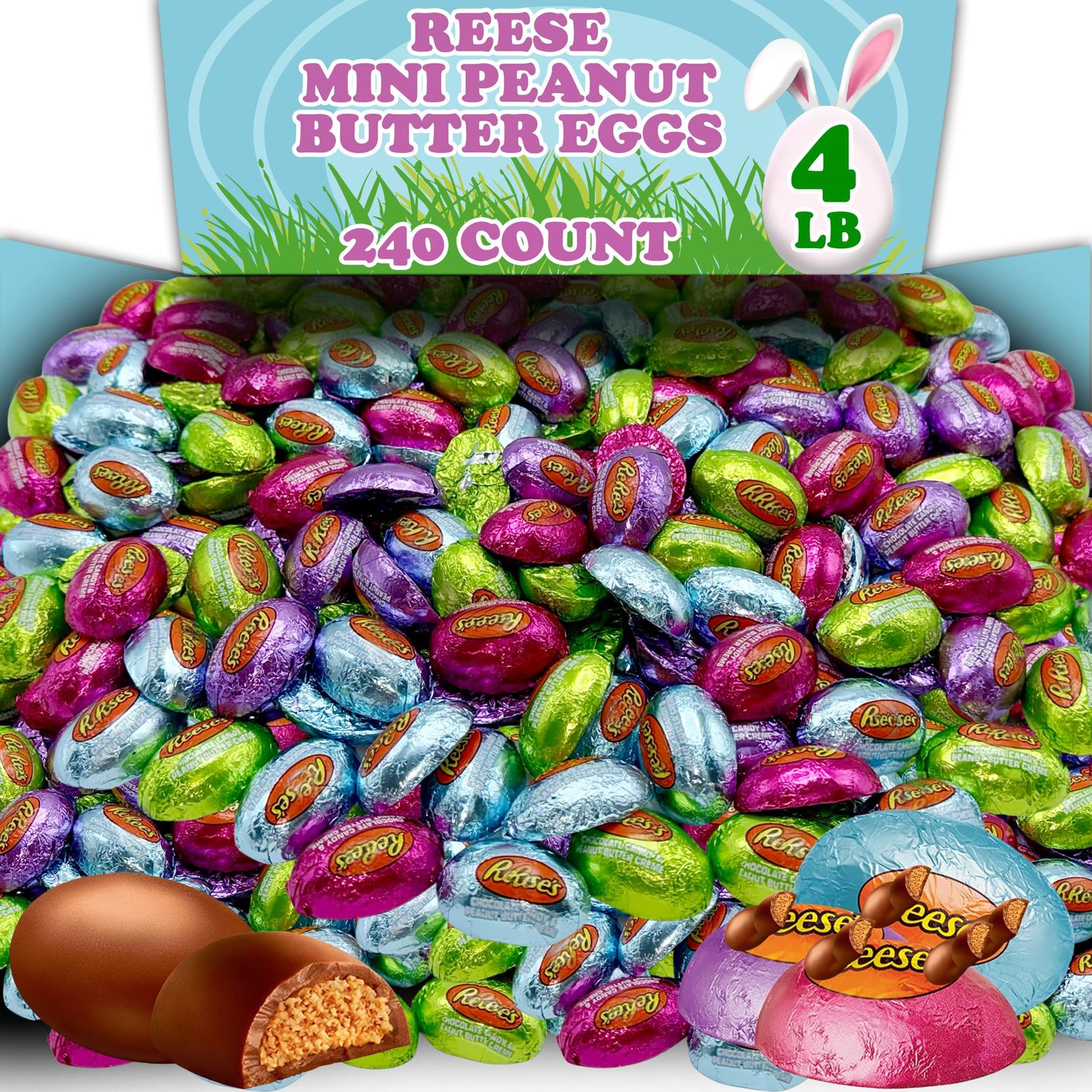 REESE Easter Peanut Butter Mini Eggs, Bulk 4 Lb Mini Milk Chocolate Peanut Butter Half Eggs Candy, Foil Wrapped in Pastel Spring Colors, Easter Baskets, Egg Hunts