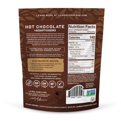 Laird Superfood Functional Mushrooms Hot Chocolate, Organic Cacao Powder Blended with Nourishing Mushrooms, 8 oz. Bag, Pack of 1