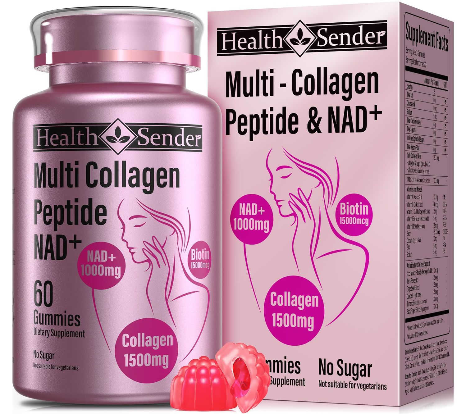 HealthSender Hydrolyzed Collagen Peptide Filled Gummies, 1500mg Protein Type I,II,III,V,X,1000mg NAD 15000mcg Biotin Supplement for Sugar-Free ManWoman,AI-Fomular HCL for Skin,Hair,Nails