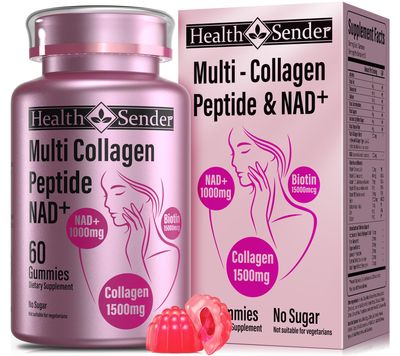 HealthSender Hydrolyzed Collagen Peptide Filled Gummies, 1500mg Protein Type I,II,III,V,X,1000mg NAD 15000mcg Biotin Supplement for Sugar-Free ManWoman,AI-Fomular HCL for Skin,Hair,Nails