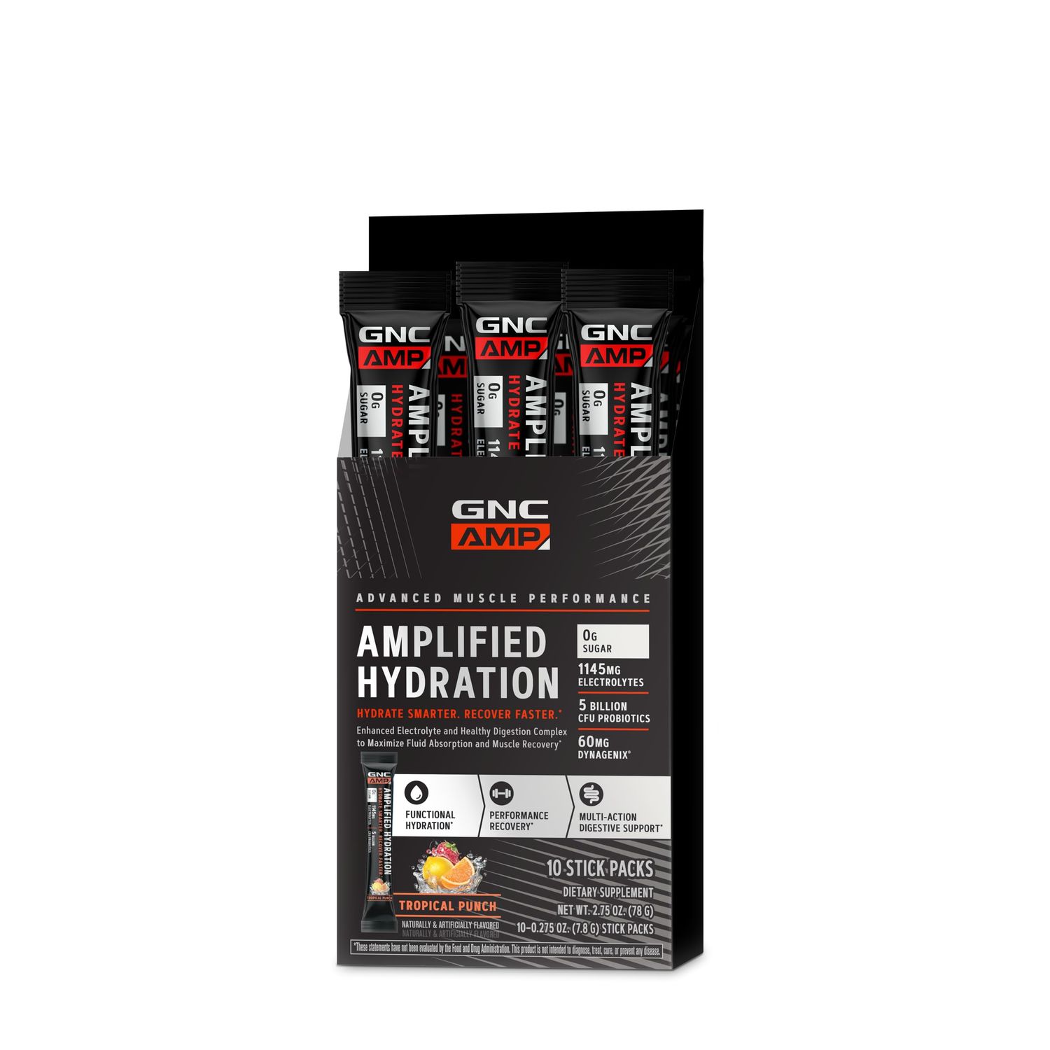 GNC AMP Amplified Hydration Electrolyte Powder Drink Mix Enhanced Electrolyte Healthy Digestion Complex Tropical Punch 10 Count