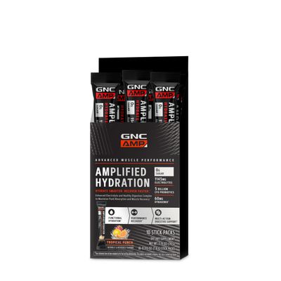 GNC AMP Amplified Hydration Electrolyte Powder Drink Mix Enhanced Electrolyte Healthy Digestion Complex Tropical Punch 10 Count