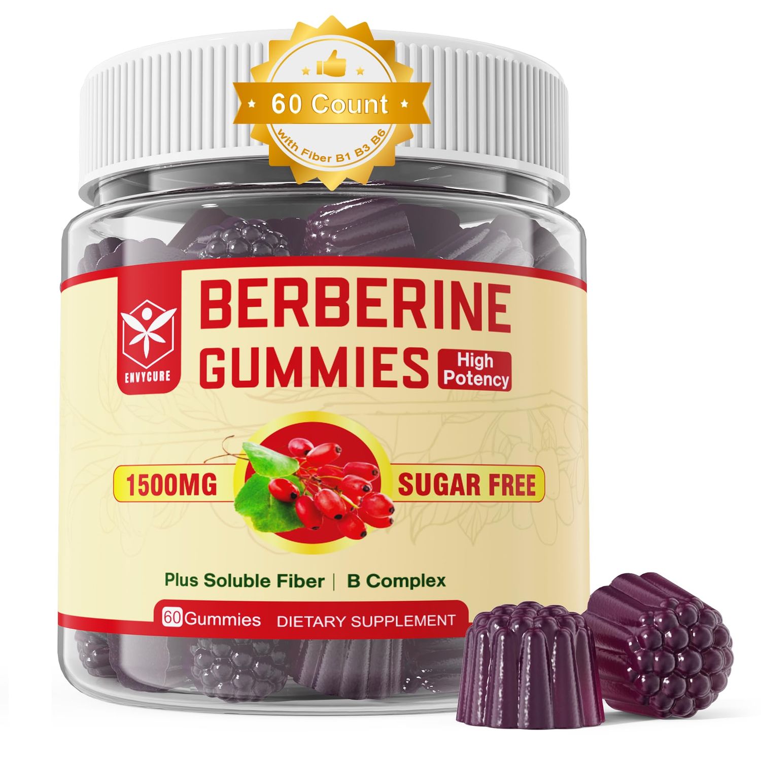 Berberine Supplement 1500mg with Soluble Fiber, B1, B3 B6, Sugar Free Berberine HCL Gummies, High Bioavailability AMPK Activitor for Metabolism Balanced, Daily Digestive Body Management, 60 Cts