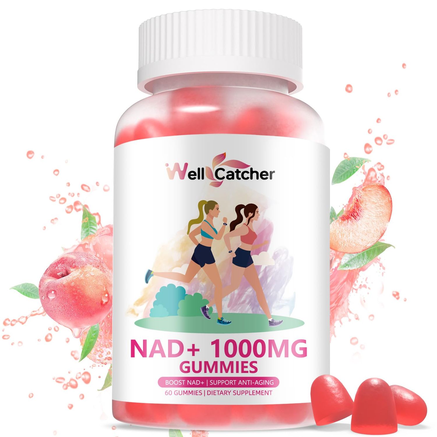 NAD Gummies Supplement for Women 1000MG - NAD Plus Gummies for Men Sugar Free Vitamin B3 Niacinamide Pure Organic Boosts NAD Level Anti-Aging Cell Regeneration Energy Brain Peach Flavor 60C