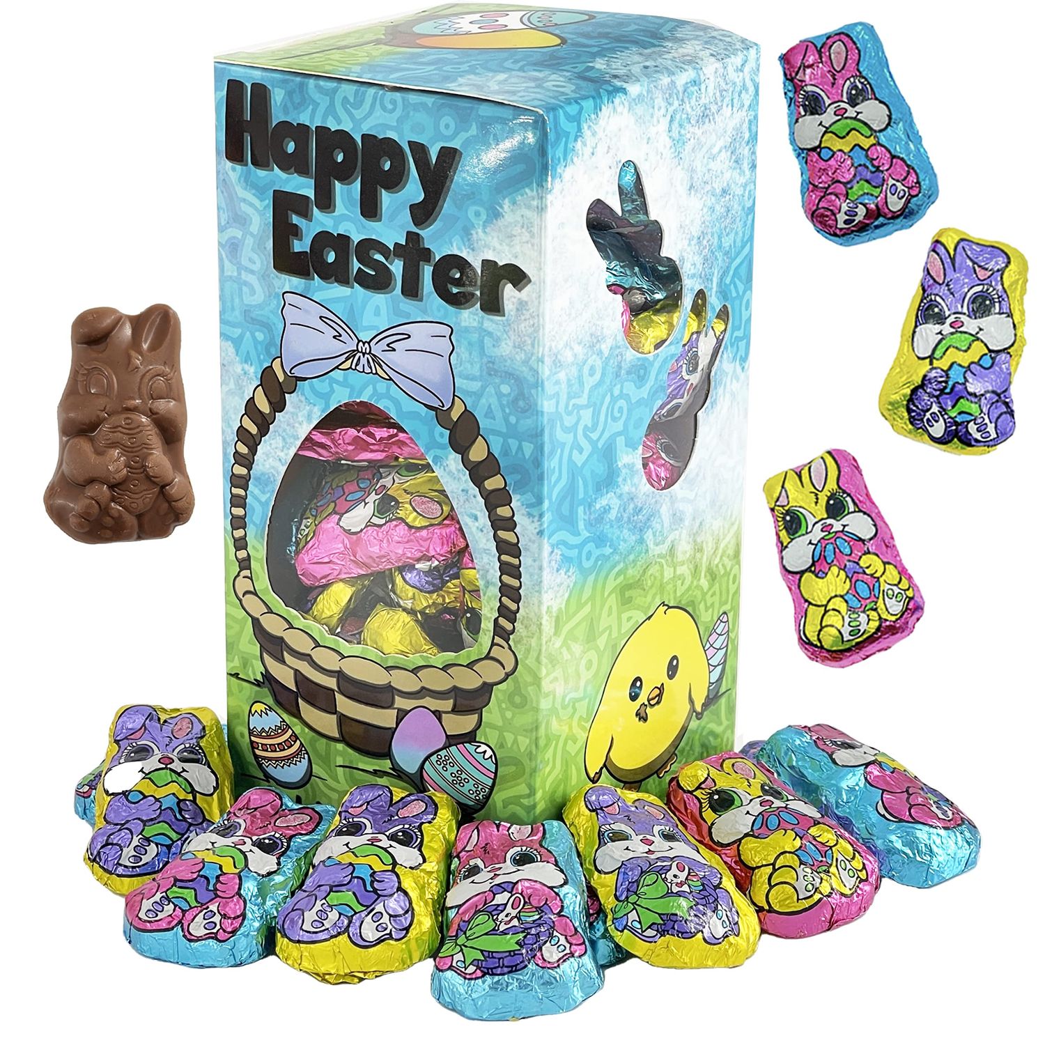 Fruidles Easter Milk Chocolate Bunnies In Easter Gift-Box, Smooth Creamy Party Bag Fillers, Individually Wrapped Multicolor Foils 1 Pound