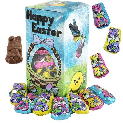 Fruidles Easter Milk Chocolate Bunnies In Easter Gift-Box, Smooth Creamy Party Bag Fillers, Individually Wrapped Multicolor Foils 1 Pound
