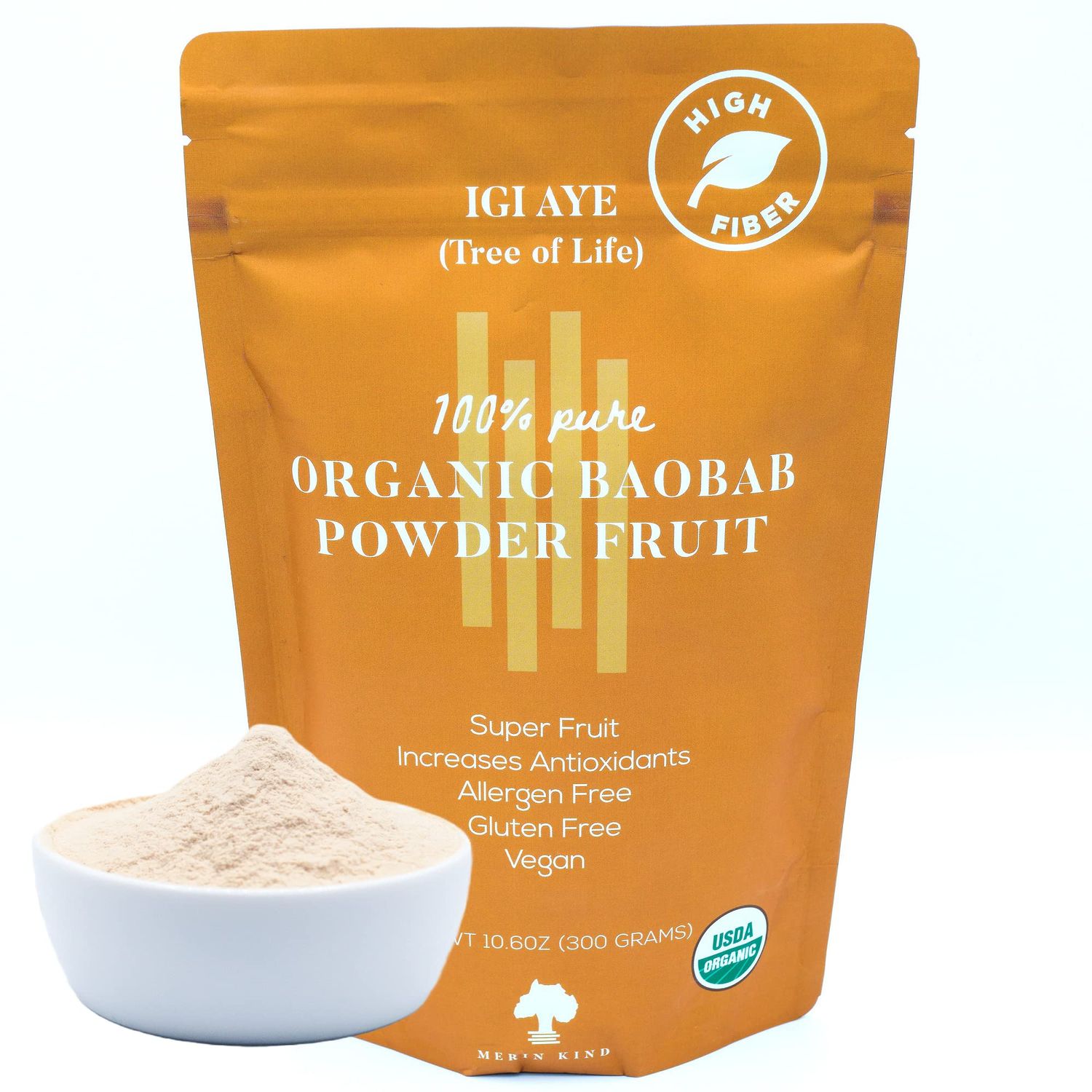 MERIN KIND Organic Baobab Powder - Prebiotic Fiber Supplement for Immunity, Gut Health, and Energy Boost - Soluble and Insoluble Fiber for Women, Men, and Kids - Natural Plant Fiber 10.6 oz
