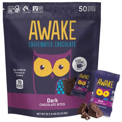AWAKE - Caffeinated Chocolate Bites - Dark Chocolate, 50 Bites - 50mg Caffeine - Individually Wrapped Energy Bites - Coffee Alternative - Fairtrade, Gluten Free, Non GMO - 0.48oz