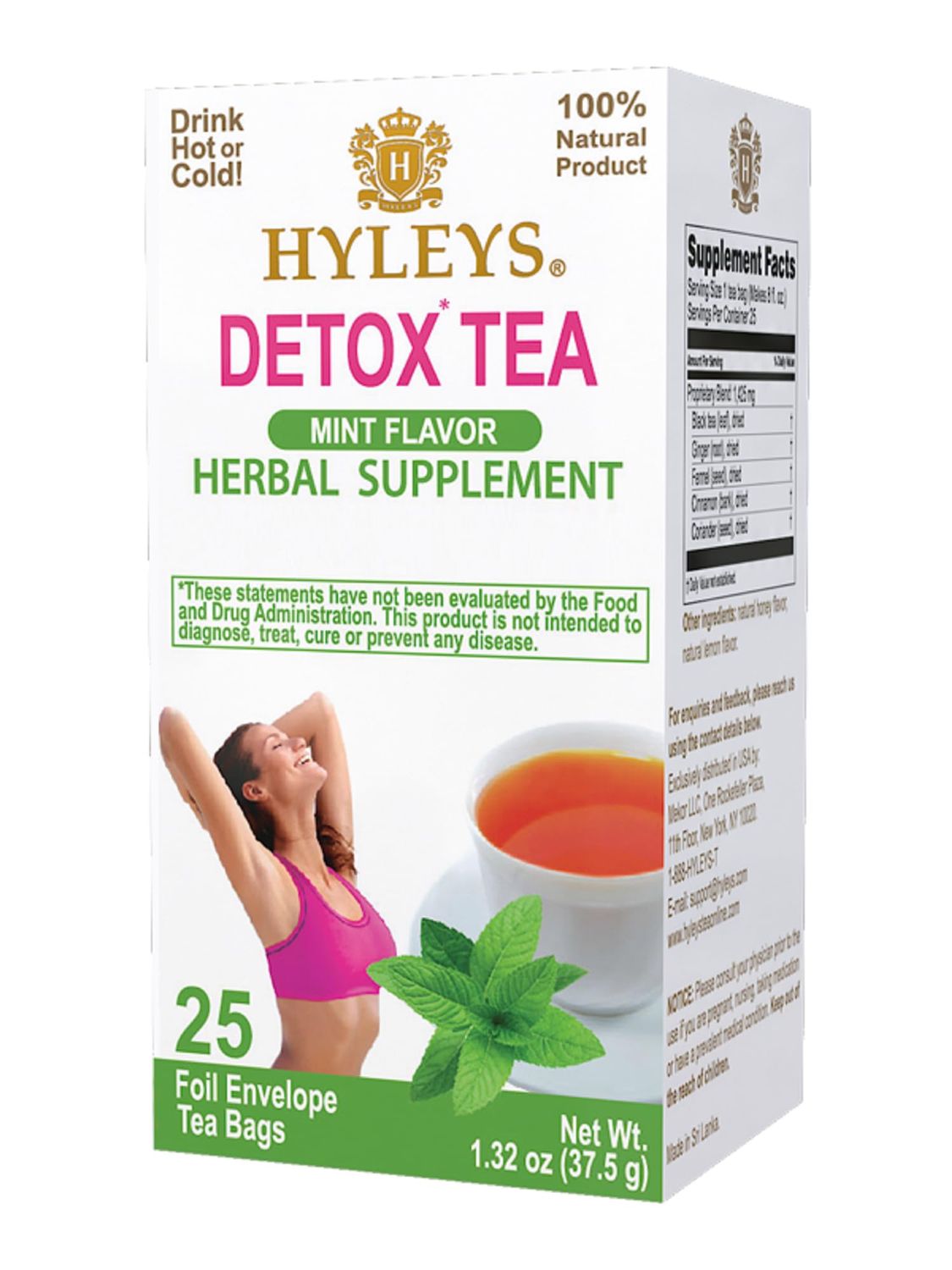 Hyleys Detox Tea for Cleanse - Green Tea with Mint, Ginger Fennel - Supports Digestion Detox - 25 Tea Bags 1 Pack