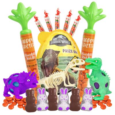 Dinosaur Easter Basket Gift Set, Includes Jumbo Egg, Two Carrot Candy Tubes, Mini Chocolate Flavored Bunnies, and Rubber Dino Eggs, 6 Items