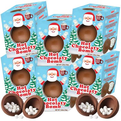Christmas 2024 Hot Chocolate Melting Balls with Mini Marshmallows, Individually Wrapped Cocoa Melts, Holiday Themed Dessert Drink, Pack of 6 Milk Chocolate 6pk