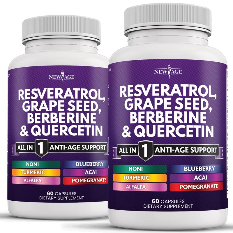 NEW AGE Resveratrol, Berberine, Grape Seed Extract, Quercetin, Polyphenol Supplement for Women and Men with Noni Extract, N-Acetyl Cysteine, Acai Extract - 120 Capsules
