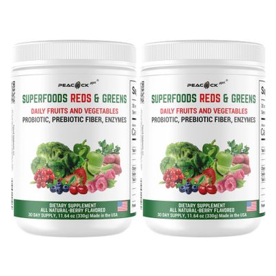 Peacock Max Superfood Reds Greens Powder - 11.64 oz, Pack of 2, Prebiotics Probiotics for Digestive Health, Super Greens Powder with Ashwagandha for Gut Health, Immunity, Antioxidants, Vegan