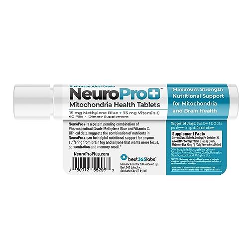 Best 365 Labs NeuroPro Maximum Strength Mitochondria Health Tablets - Methylene Blue and Vitamin C - Fast Acting Neuro Support - Improve Focus and Memory - 60 Tablets