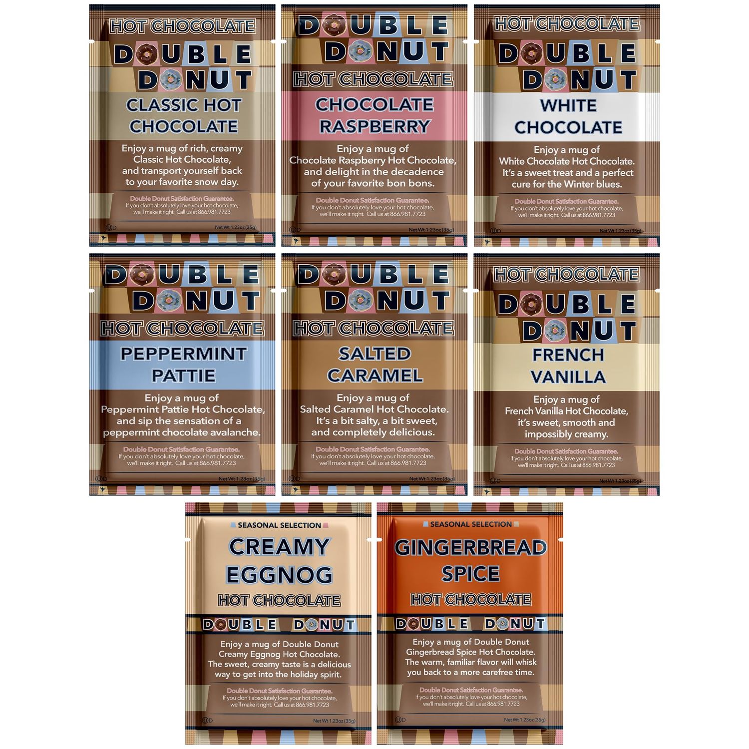 Double Donut Coffee Flavored Hot Chocolate Packets Variety Pack,18 Count Includes Classic, Chocolate Raspberry, Salted Caramel Peppermint