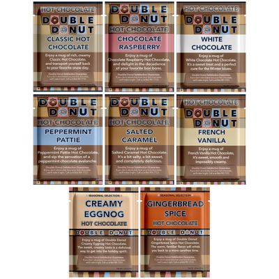 Double Donut Coffee Flavored Hot Chocolate Packets Variety Pack,18 Count Includes Classic, Chocolate Raspberry, Salted Caramel Peppermint