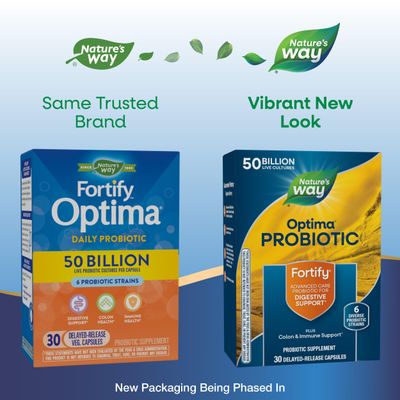Natures Way Fortify Optima Probiotic for Men and Women, 50 Billion Live Cultures, 6 Strains, Supports Digestive and Immune Health, 30 Capsules Packaging May Vary