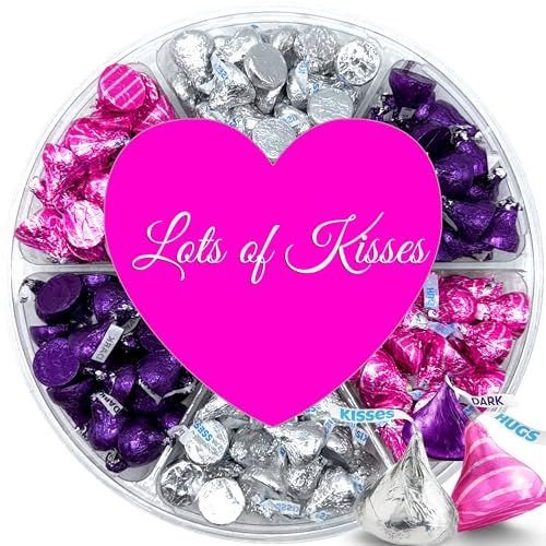 Hershey Chocolate Gift Box, Kisses and Hugs Assortment, Pink, Purple and Silver Foils In A Heart Adorned 6 Sectional Tray for Wife, Husband, Couples, Friends, Men and Women