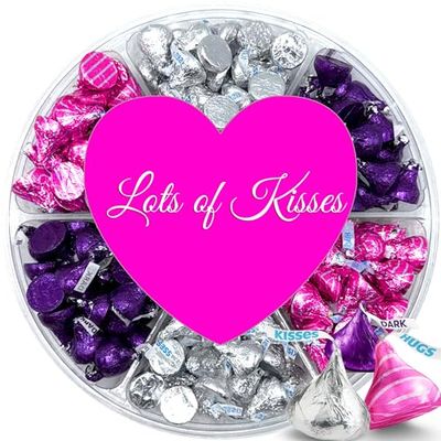 Hershey Chocolate Gift Box, Kisses and Hugs Assortment, Pink, Purple and Silver Foils In A Heart Adorned 6 Sectional Tray for Wife, Husband, Couples, Friends, Men and Women