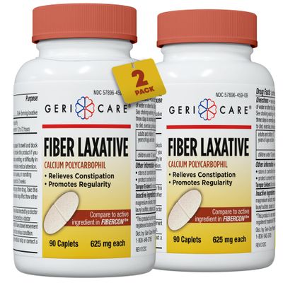GeriCare Fiber Laxative Calcium Polycarbophil 625mg Caplets, Promotes Healthy Digestion and Constipation Relief, 90 Count Bottle Pack of 2