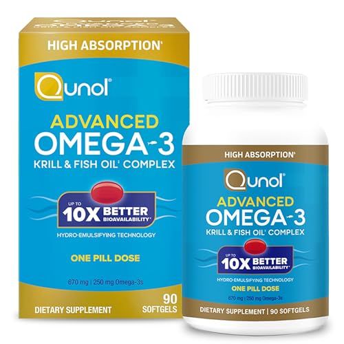 Qunol Advanced Omega 3 Krill and Fish Oil Complex, 10x Better Bioavailability, One Pill Dose, 250mg EPA DHA, Supports Brain, Eye, Heart and Joint Health, 90 Count Pack of 1