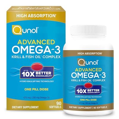 Qunol Advanced Omega 3 Krill and Fish Oil Complex, 10x Better Bioavailability, One Pill Dose, 250mg EPA DHA, Supports Brain, Eye, Heart and Joint Health, 90 Count Pack of 1