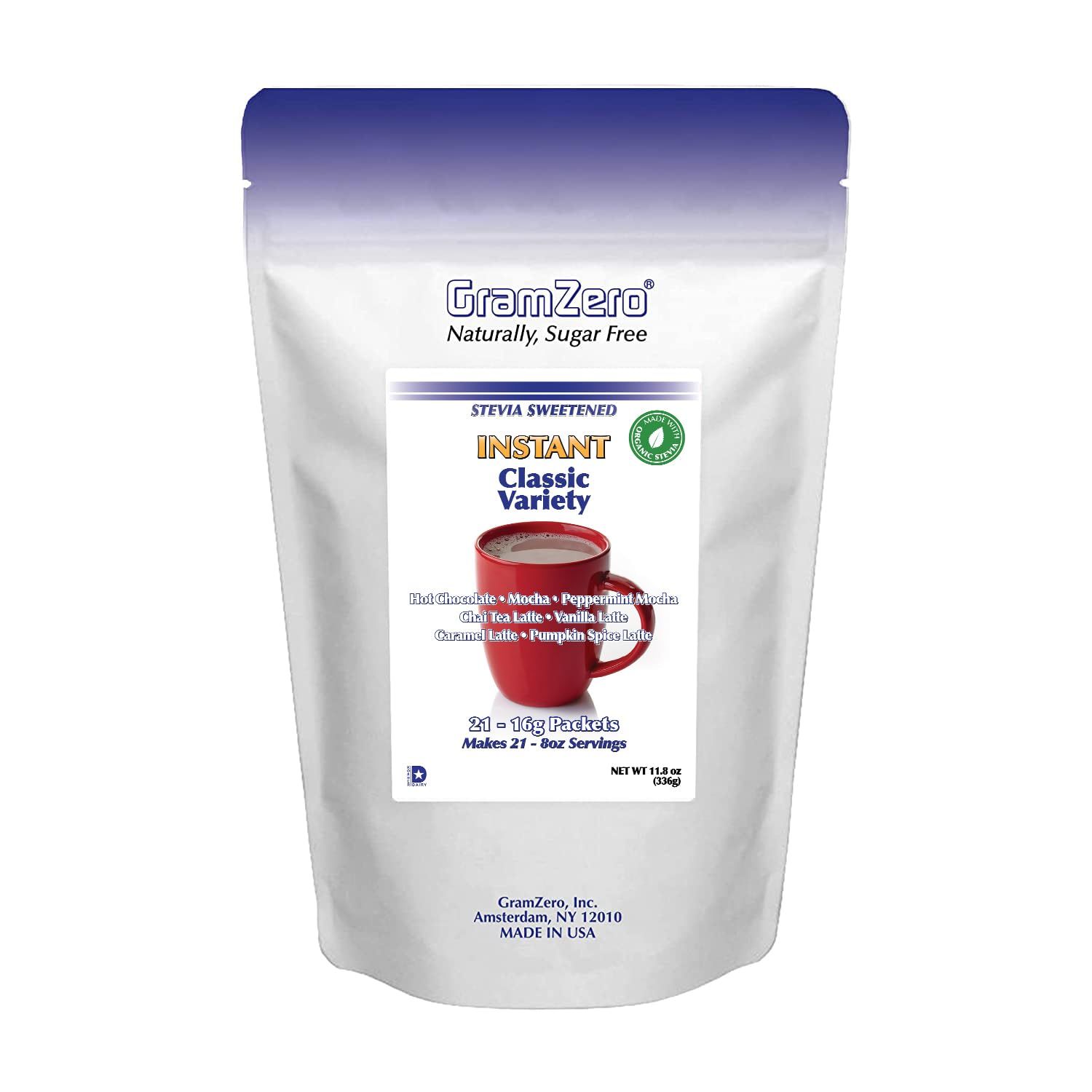 Gramzero Variety 7-Flavored Instant Coffee Packets Powdered Cappuccino Mochas, Lattes Hot Cocoa No Sugar Added Keto