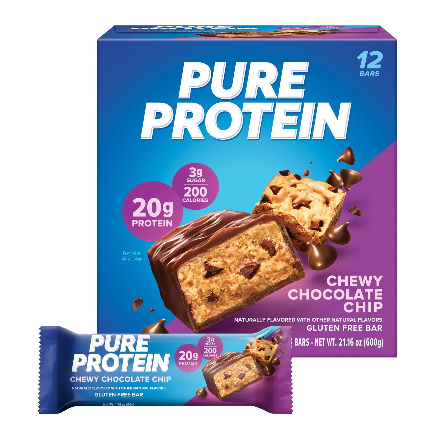 Pure Protein Bars, High Protein, Nutritious Snacks to Support Energy, Low Sugar, Gluten Free, Chewy Chocolate Chip, 1.76oz Pack of 12, Packaging may vary