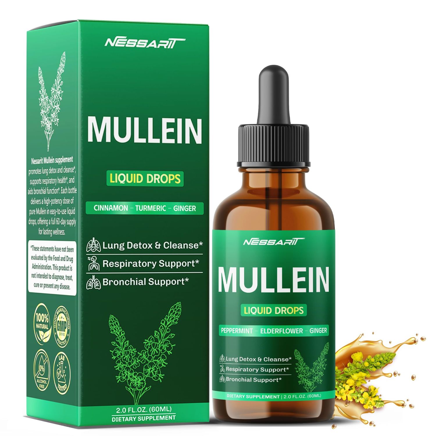 NESSARIT Mullein Liquid Drops - Peppermint, Elderflower, Ginger - Lung Detox, Respiratory Support, Bronchial Support - Made in USA - 2.0 fl oz 60ml