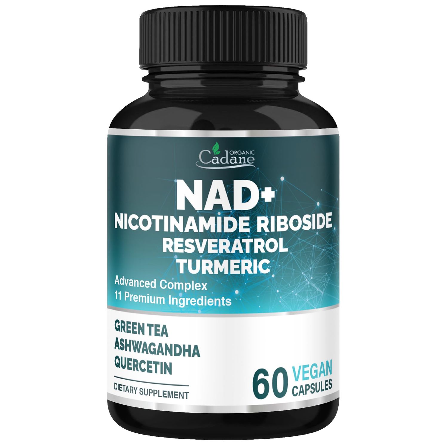 Organic Cadane 11-in-1 Nicotinamide Riboside Supplement with Trans-Resveratrol, Turmeric Curcumin 8 More Cellular Wellness Support Vegan, Non-GMO - 60 Capsules for 30 Days
