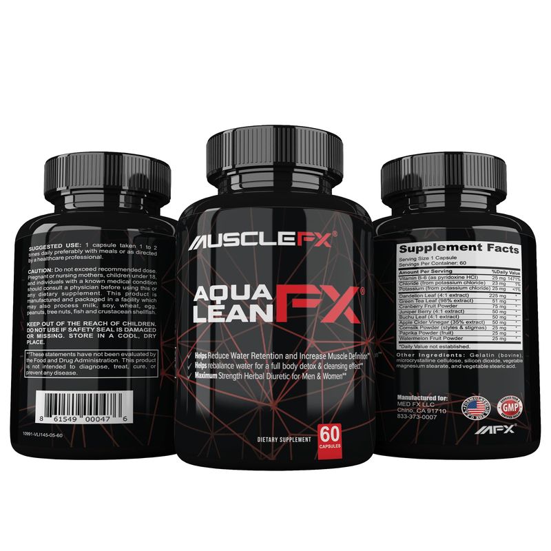 MUSCLE FX AquaLean FX Maximum Strength Diuretic Water Away Pills for Water Retention and Lean Muscle Defination for Men and Women, 60 Capsules