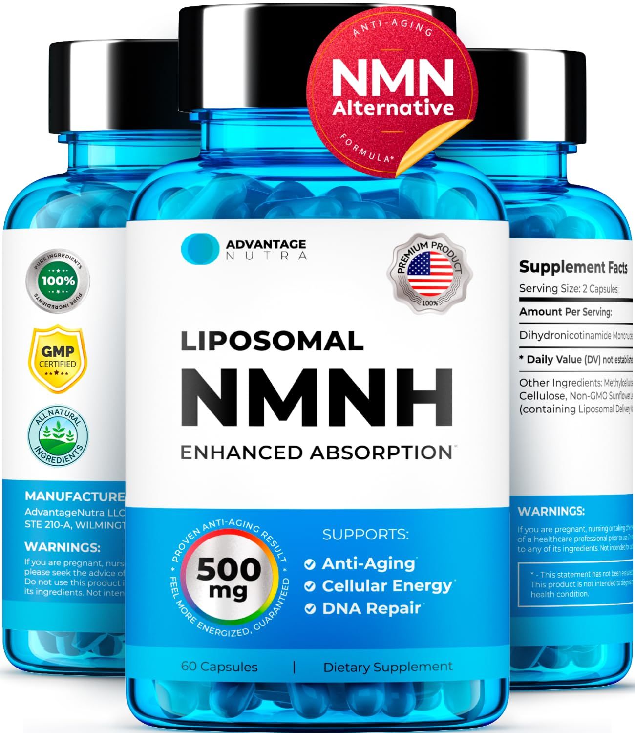 AdvantageNutra NMN Supplement Alternative - NMNH Dihydronicotinamide Mononucleotide 500mg Per Serving, 60 Count 30 Servings NAD Supplement to Boost NAD Levels