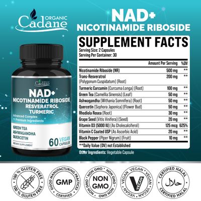 Organic Cadane 11-in-1 Nicotinamide Riboside Supplement with Trans-Resveratrol, Turmeric Curcumin 8 More Cellular Wellness Support Vegan, Non-GMO - 60 Capsules for 30 Days