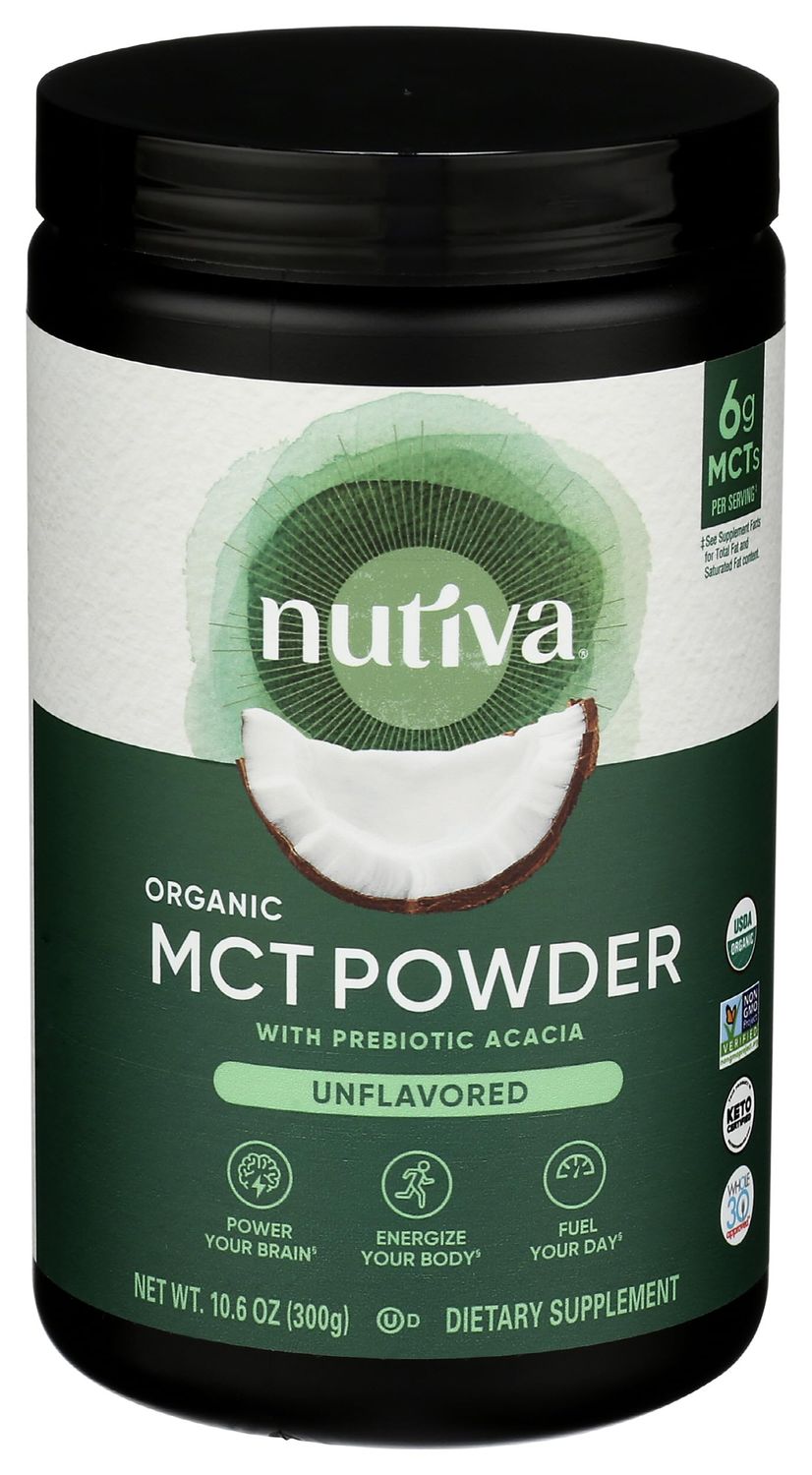Nutiva Organic MCT Powder with Prebiotic Acacia Fiber, Classic, 10.6 Oz, USDA Organic, Non-GMO, Non-BPA, Vegan, Gluten-Free, Keto &amp; Paleo, Instant Beverage or Boost to Coffee &amp; Smoothies