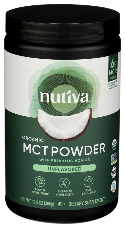 Nutiva Organic MCT Powder with Prebiotic Acacia Fiber, Classic, 10.6 Oz, USDA Organic, Non-GMO, Non-BPA, Vegan, Gluten-Free, Keto &amp; Paleo, Instant Beverage or Boost to Coffee &amp; Smoothies