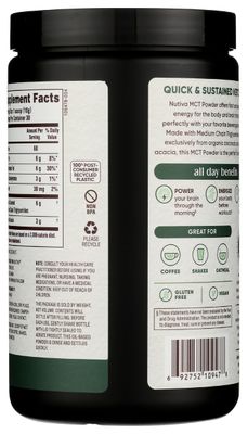 Nutiva Organic MCT Powder with Prebiotic Acacia Fiber, Classic, 10.6 Oz, USDA Organic, Non-GMO, Non-BPA, Vegan, Gluten-Free, Keto & Paleo, Instant Beverage or Boost to Coffee & Smoothies